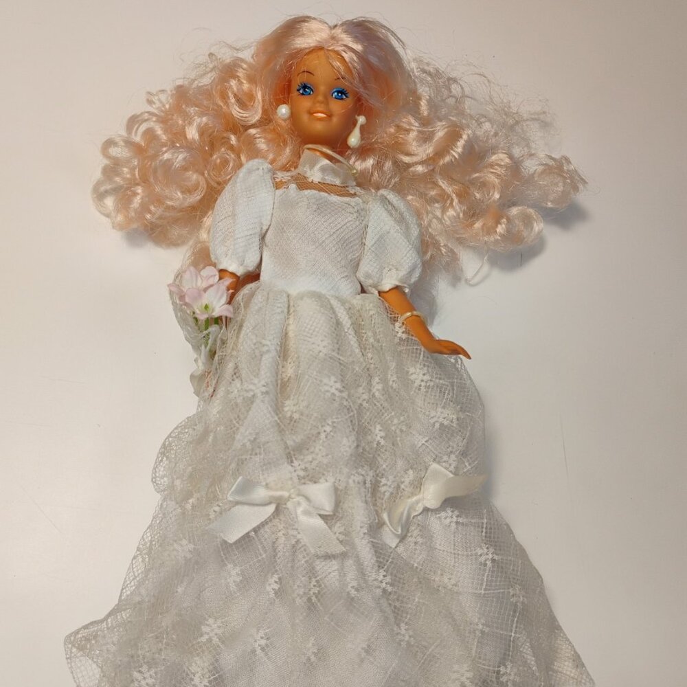 Vintage Barbie-Style Wedding Doll | Curly Strawberry Blonde Hair | Lace Gown